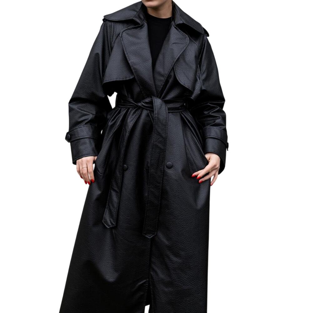 Black Faux Leather Trench Coat Women Long Belted Classic Jacket Stylish - Picture 3 of 12